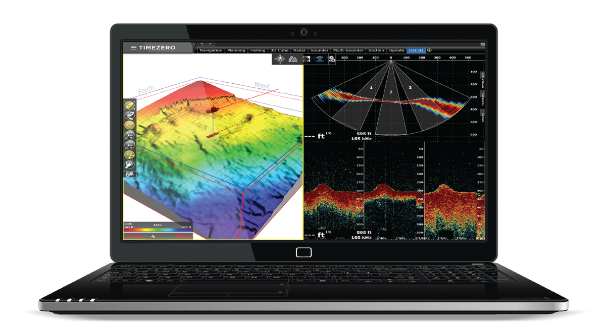 Laptop displays a split screen of navigational charts. Laptop displays a split screen of navigational charts.