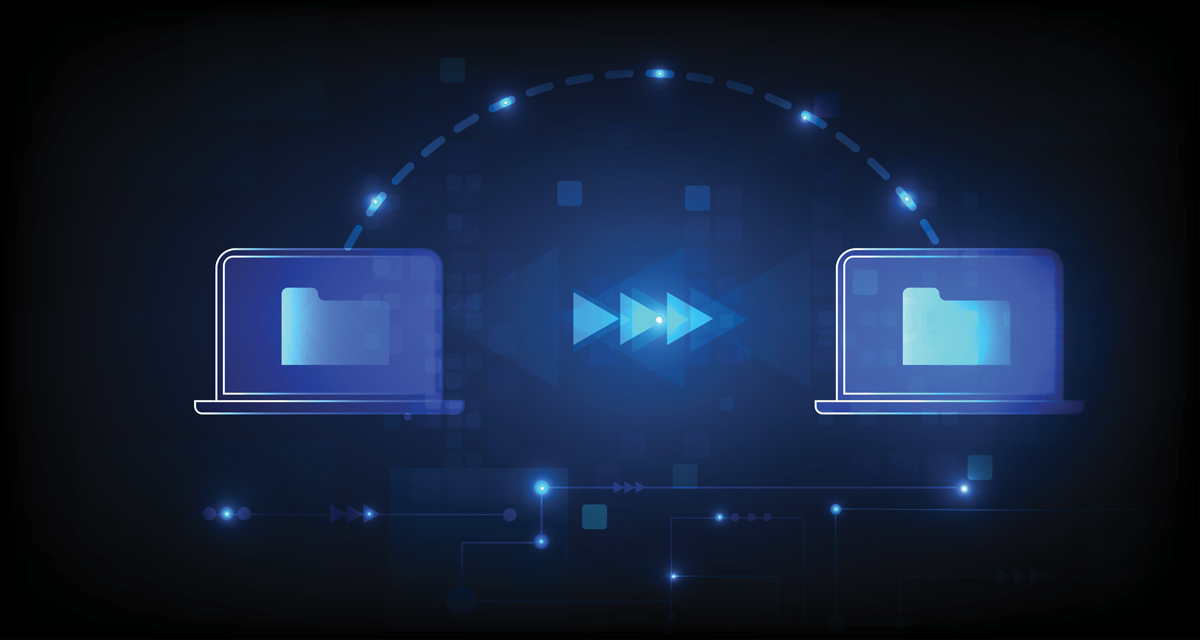 Data is shown moving between two computers.
