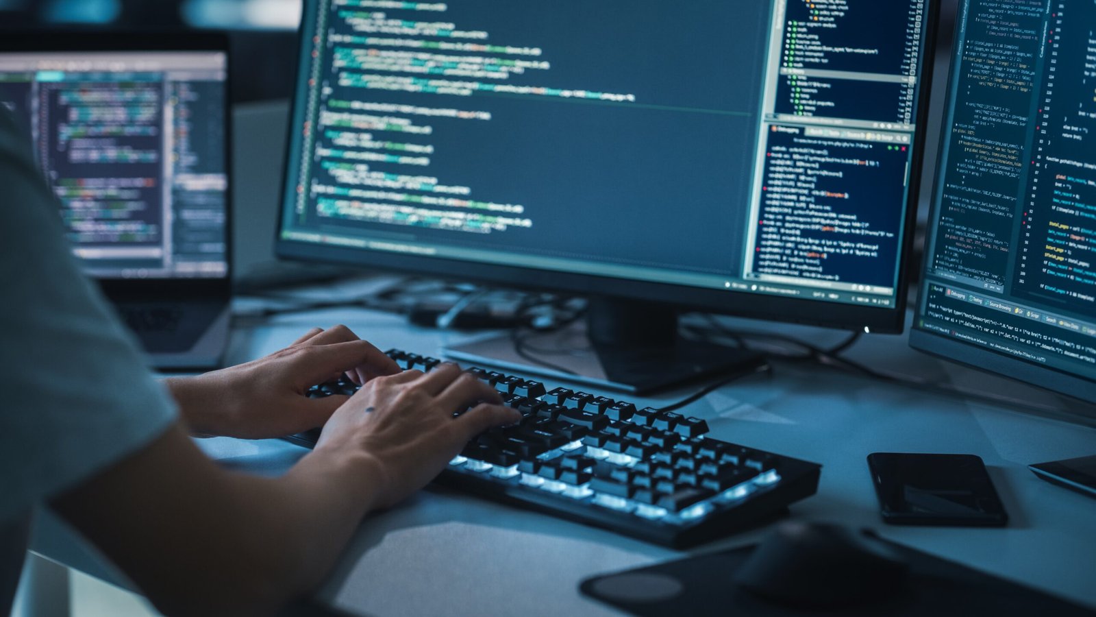 Man is using a computer and coding tools.